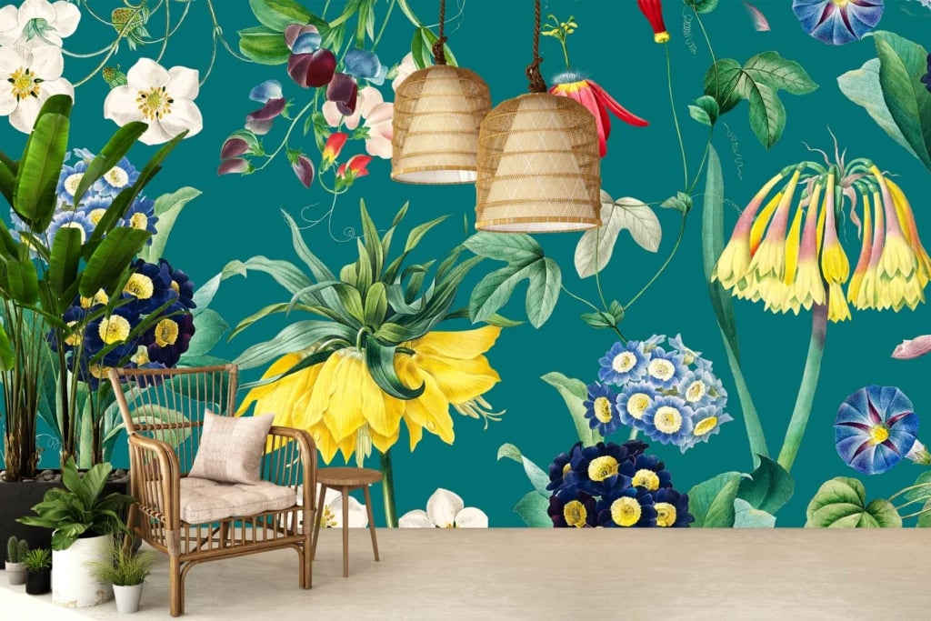 A vibrant room features a botanical-themed wall mural dominated by various colorful flowers. The wallpaper showcases sweet pea blossoms and other floral elements against a teal background. The intricate design includes a mix of vivid hues like pink, yellow, and green, highlighting the beauty of nature in every detail.