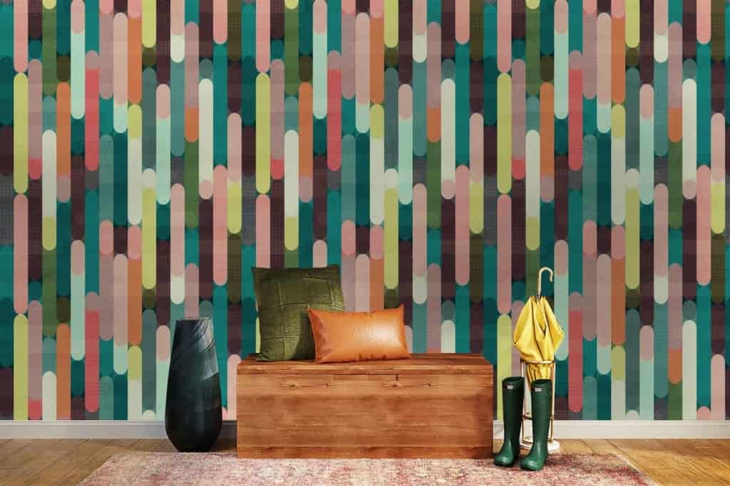 The wallpaper features colorful, abstract designs with vertical oval shapes, reflecting a 1970s TV show like The Partridge Family. The dominant colors include vibrant hues that evoke a retro aesthetic.