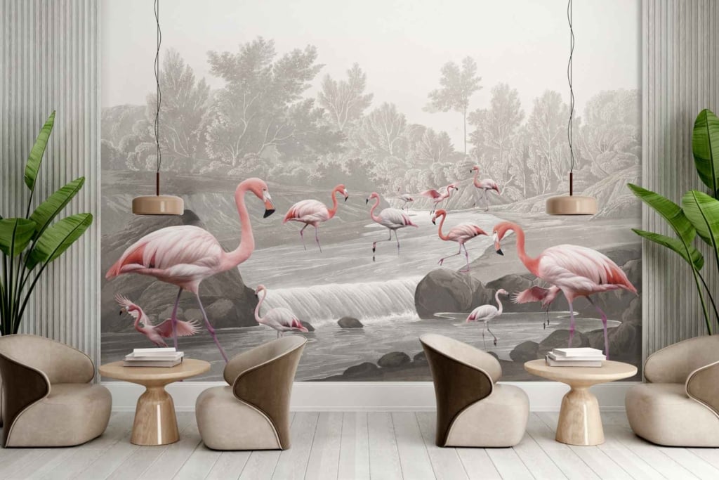 Mural with pink flamingos, waterfall, lush greenery.