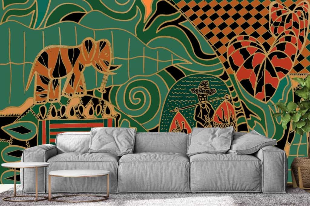 The wallpaper features a vibrant, abstract mural with colorful depictions of an elephant, butterfly, and wave interwoven with geometric patterns. The hues include green, orange, red, and hot Thai-inspired colors.