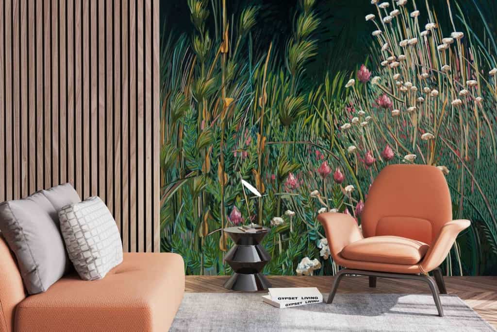 Vibrant mural of lush green grass, pink everlastings, white everlastings, nature-inspired elements.
