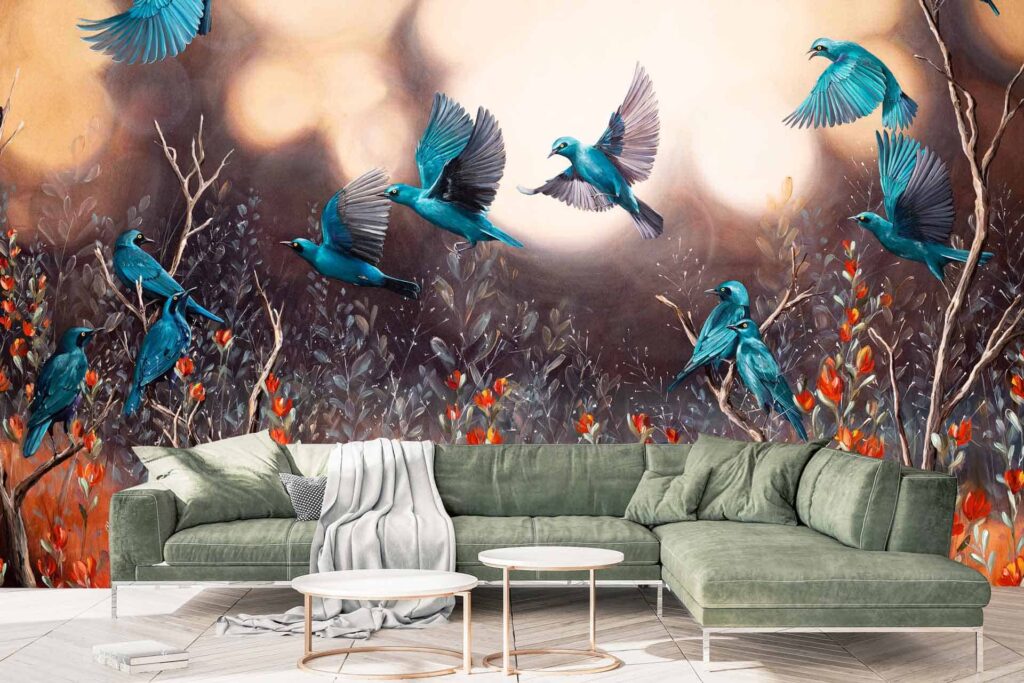 A vibrant mural featuring blue birds in flight, ascending branches with red berries. Elements include: blue birds, branches, red berries. Colors: blue, red.