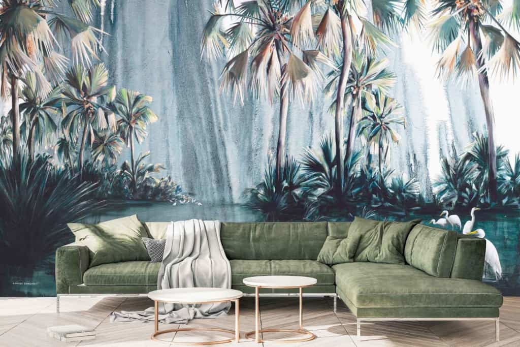 Lush tropical palms, foliage, serene blue hues backdrop, decorative birds.
