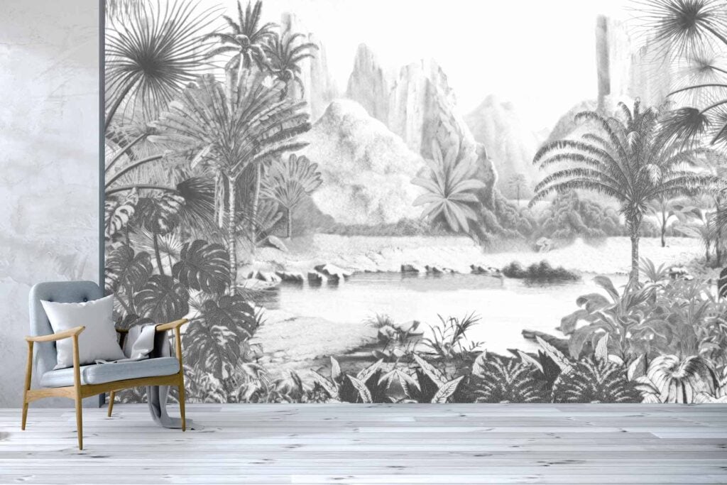 Monochromatic tropical landscape mural, palm trees, mountains, river, grayscale tones.