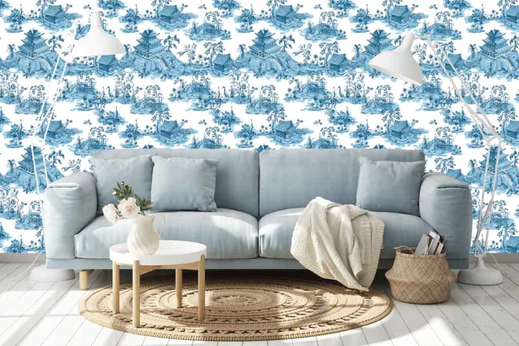 Ancient Hills themed wallpaper, blue and white scenic design.