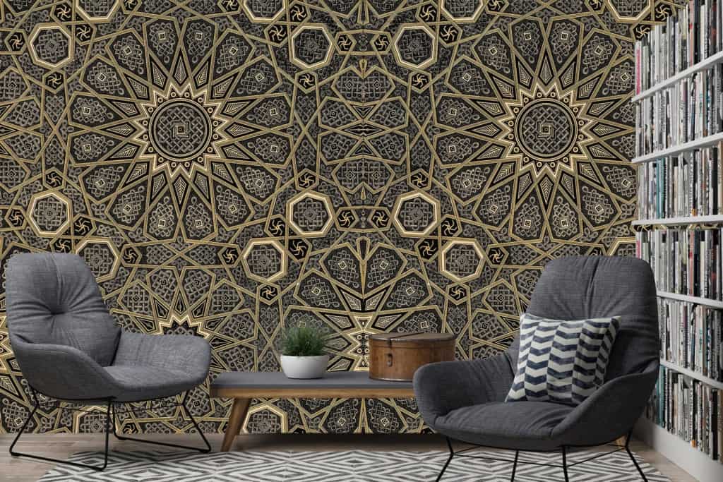 Intricate wallpaper with geometric patterns and Arabian Gold star motifs in black.