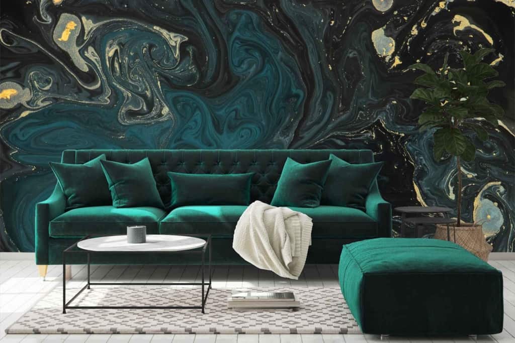The wallpaper is a swirling, abstract mural featuring shades of green, black, and gold.