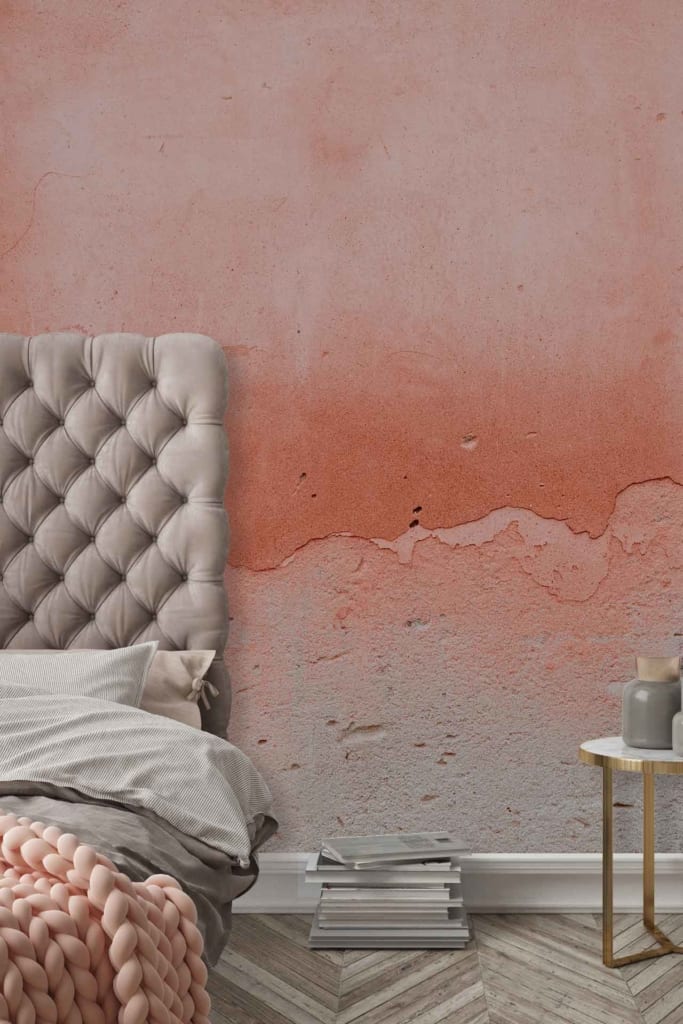The wallpaper in the bedroom features a textured pink and orange gradient, creating a warm, cozy "Feeling Peachy" vibe. The gradient seamlessly transitions from soft blush pink to vibrant peach and muted tangerine tones, giving the space a lively yet soothing atmosphere.