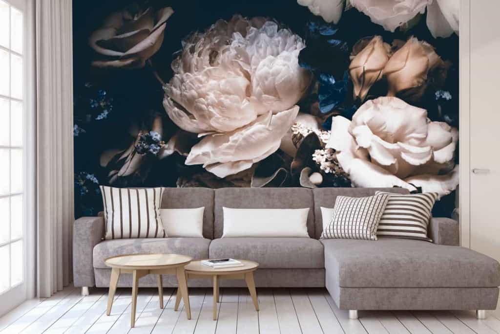 Dramatic mural featuring large, close-up white and beige flowers.
