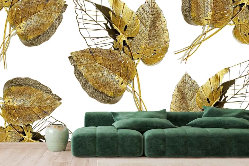 Bold wallpaper with a gold leaf design of delicate, skeletal leaves on a white background. Elements include intricate leaf patterns in gold on a crisp white backdrop.