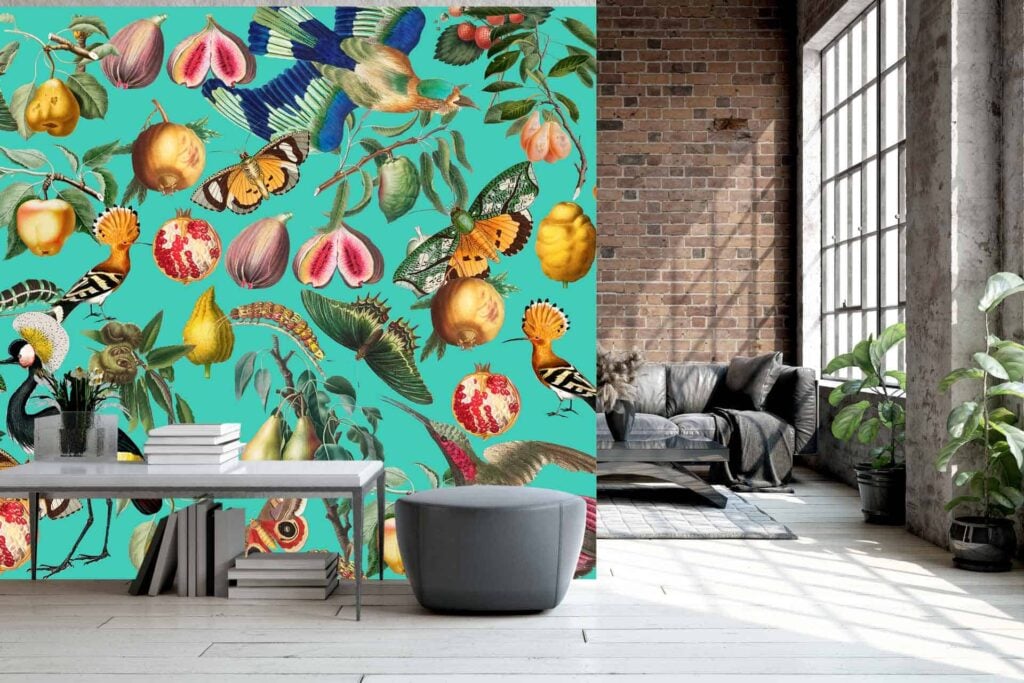 A stunning nature-themed mural sets this living room apart, with vibrant elements like colorful birds, butterflies, fruits, and flowers. The wallpaper features a turquoise background that makes the lively and detailed artwork pop. Perfect for inspiring creativity!