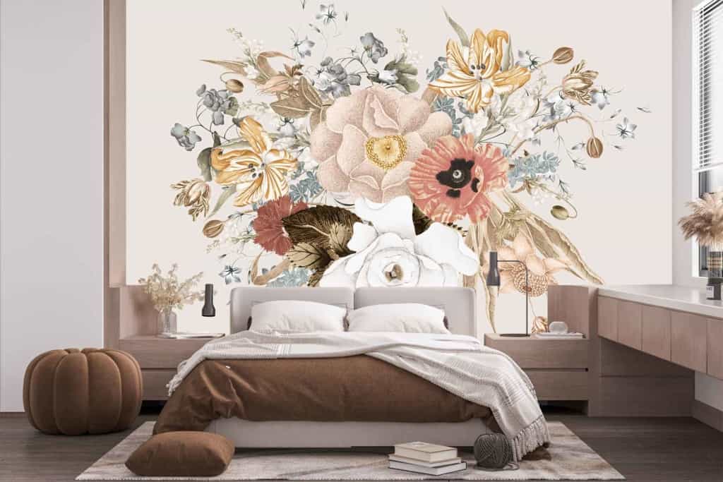 A bedroom with a large floral mural features rich hues of deep burgundy, lush green leaves, delicate ivory petals, and subtle touches of gold. The wallpaper's intricate design illustrates blooming roses and peonies, giving the room an elegant and sophisticated atmosphere reminiscent of Lady Edith.