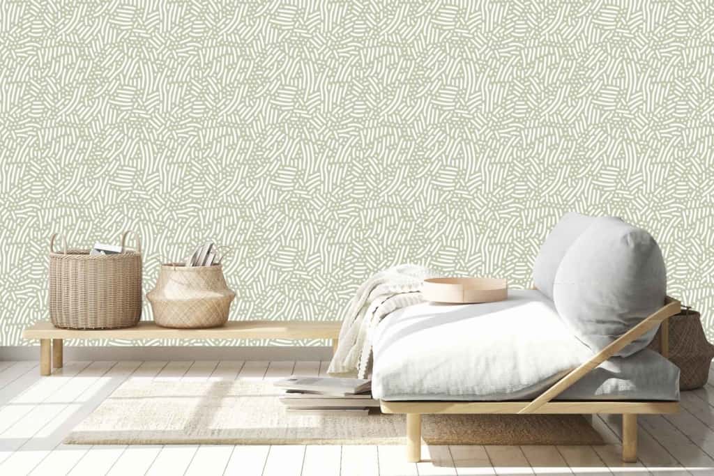 The wallpaper features an abstract pattern in neutral tones, including shades of beige, cream, and light gray.