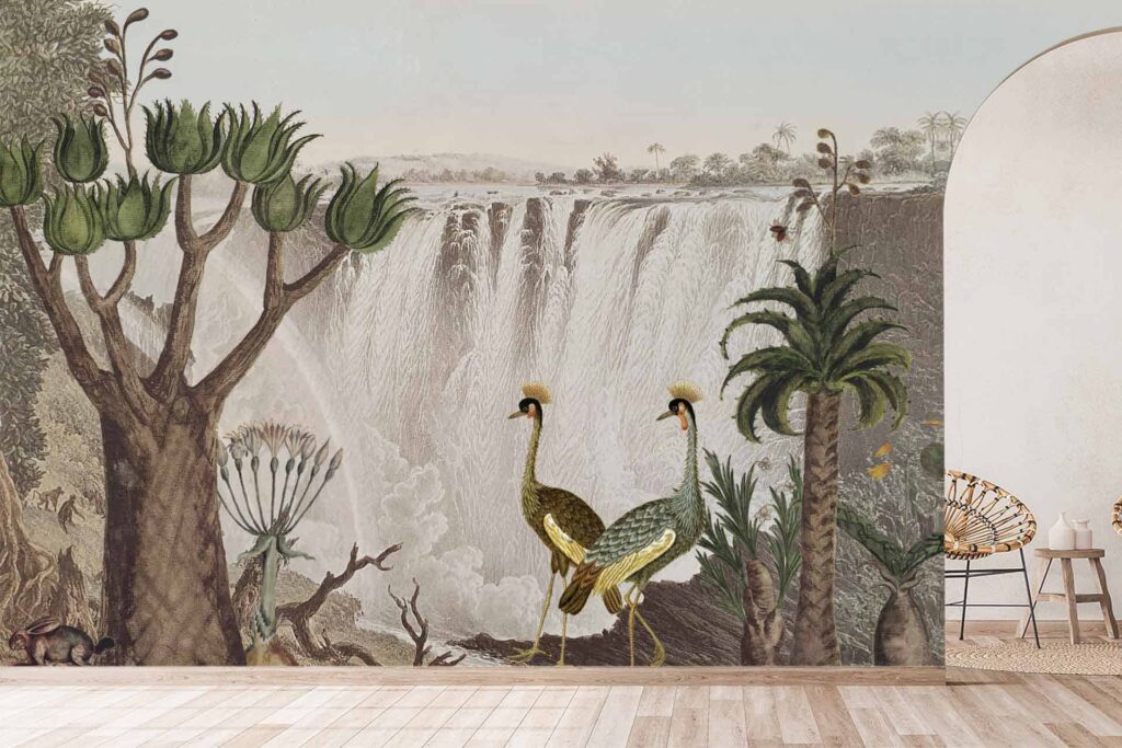 Lush tropical scene wallpaper, large waterfall, exotic birds (Natures Audience), vivid greens of tropical plants and trees, vibrant colors of birds (reds, blues), rich foliage detail.
