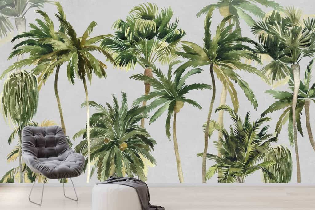 The wallpaper features a tropical theme with lush, green palm trees set against a light gray backdrop, creating an island getaway vibe.