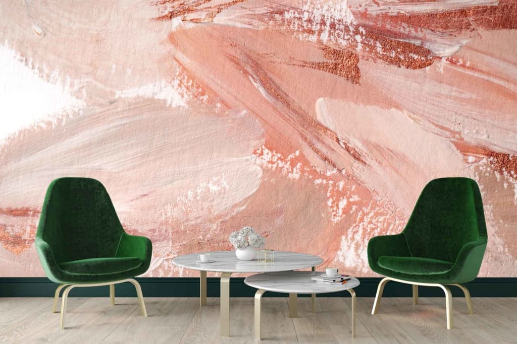 The wallpaper, "Peachy Dream," features a large abstract mural with swirling peach-colored brushstrokes, creating a warm and artistic ambiance. Keywords: abstract mural, peach-colored brushstrokes, Peachy Dream.