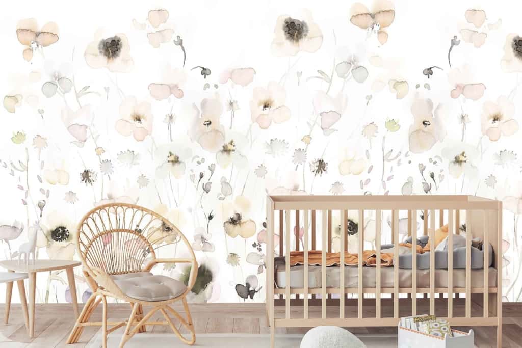 Pastel floral wallpaper adorned with soft, delicate flowers in shades of pink, blue, and yellow. The design exudes a Seeds Of Hope theme with gentle blooms and subtle green leaves on a light pastel background.