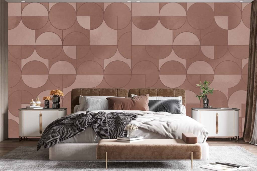 The modern bedroom features an artistic, geometric wallpaper with shades of brown and beige.