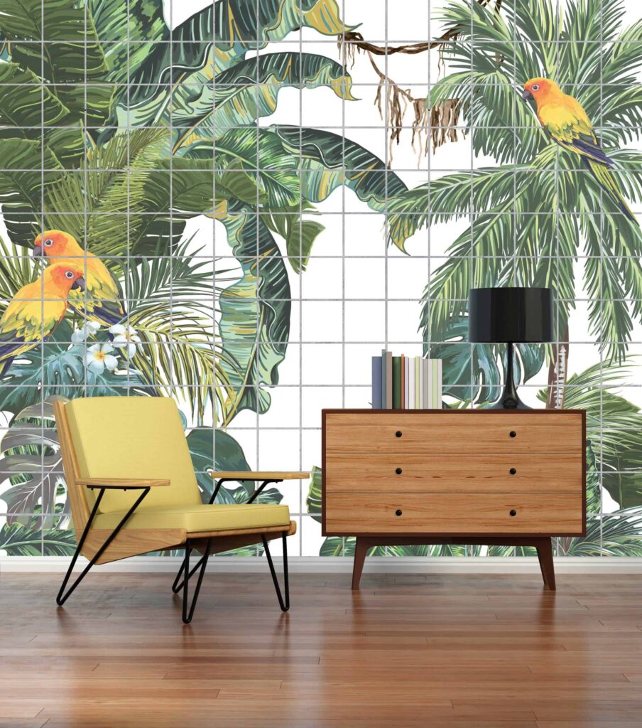 A large wall mural featuring lush Sub Tropicana foliage in vibrant greens, with bright, multicolored parrots in vivid reds, blues, and yellows. Rich botanical elements and tropical bird designs dominate the wallpaper's landscape.