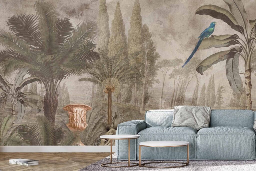 Wallpaper: large mural, tropical plants, trees, summer vibe, blue and green bird perched in foliage. Colors: green, various shades of blue. Key elements: tropical flora and fauna.