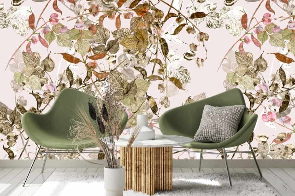 The wallpaper features a detailed floral design with green, brown, and pink leaves. The pattern is reminiscent of a vineyard in bloom, showcasing an array of leaves and vines intertwined in a lush tapestry.