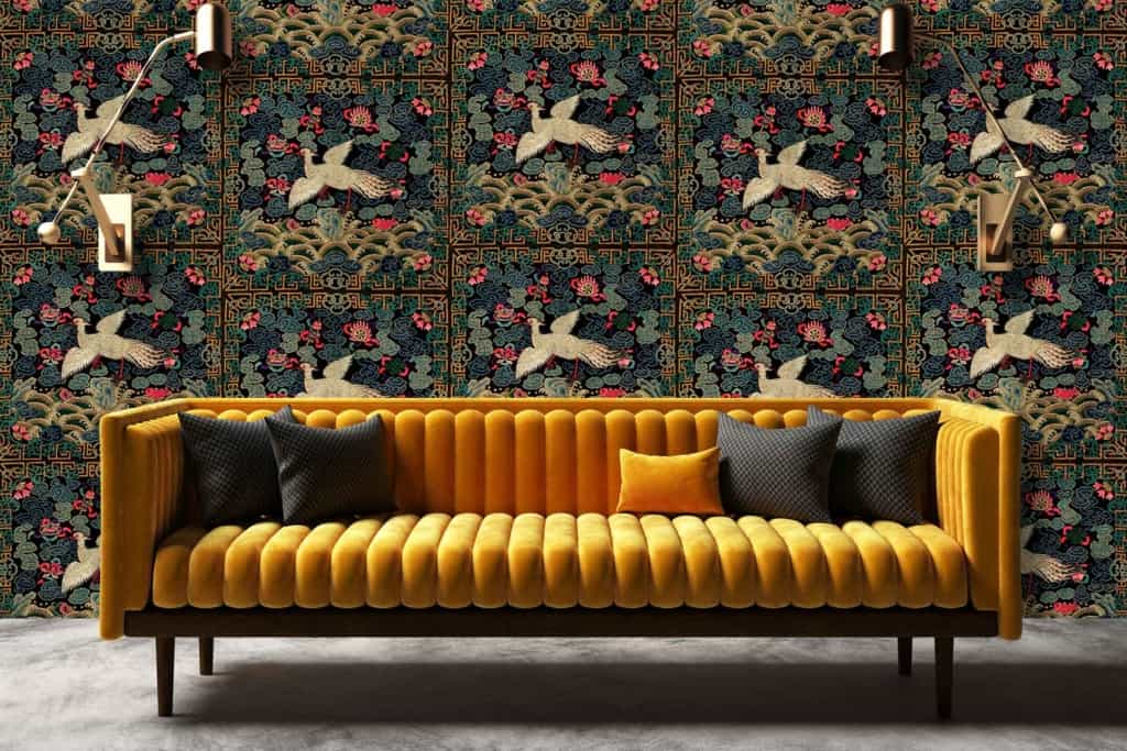 Ornate birds, floral designs, dark hues, bold patterned tapestry wallpaper.