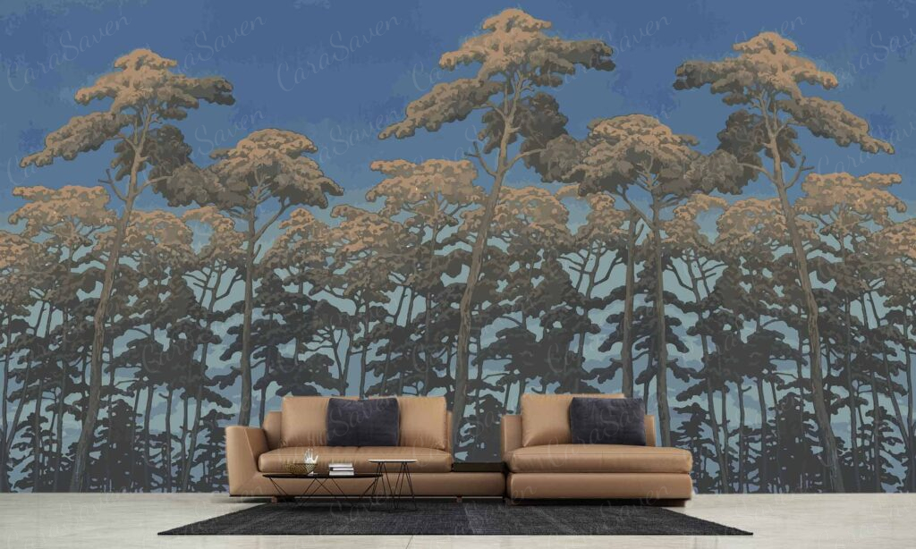 Large wall mural, forest of tall trees, blue sky, earthy hues, green foliage, brown tree trunks.