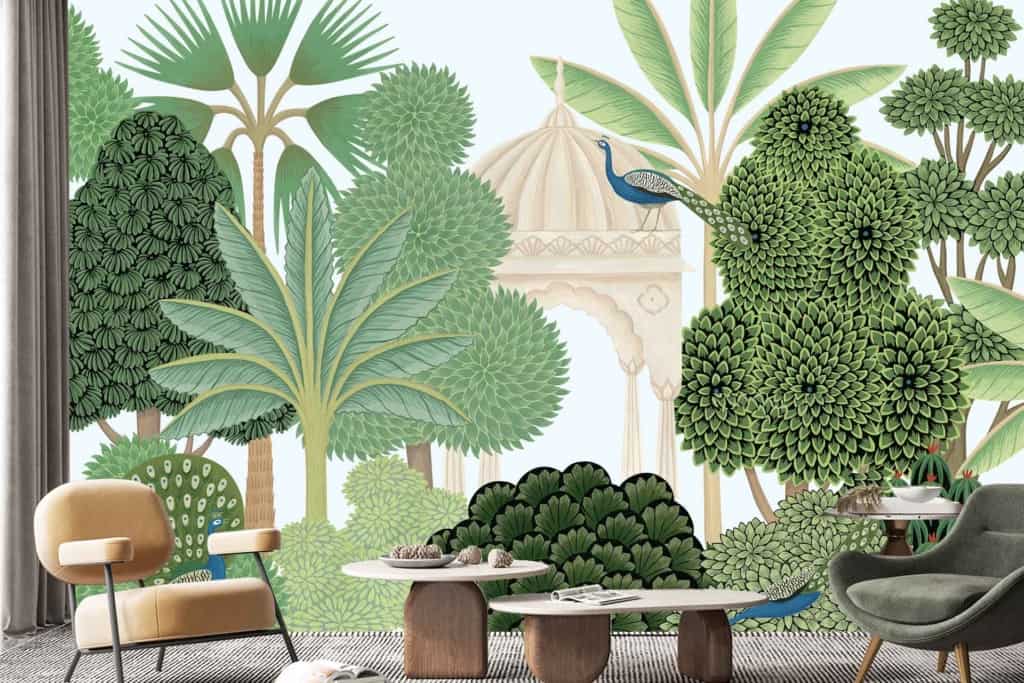 Wallpaper featuring a vibrant mural of lush green trees, detailed peacock, architectural gazebo-like structure. Evokes Rajasthan's Udaipur. Highlights: lush greens, intricate details, peacock blues and greens, architectural elements reminiscent of traditional gazebos.