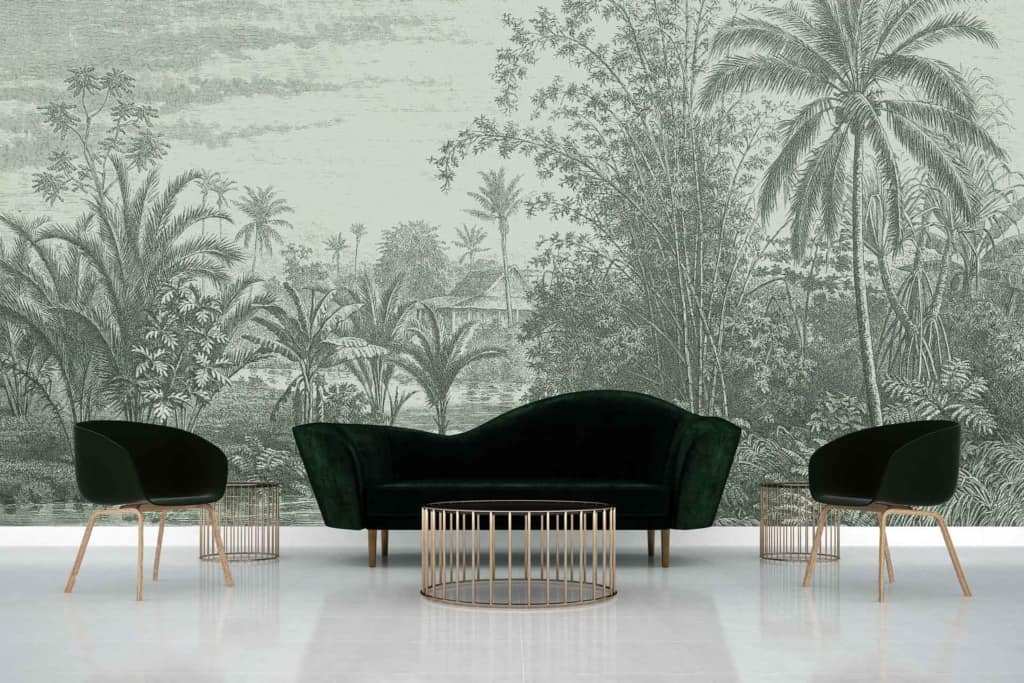 Wallpaper features: detailed bygone tropical landscape, palm trees, huts, elegant and nature-inspired design, sage tones.