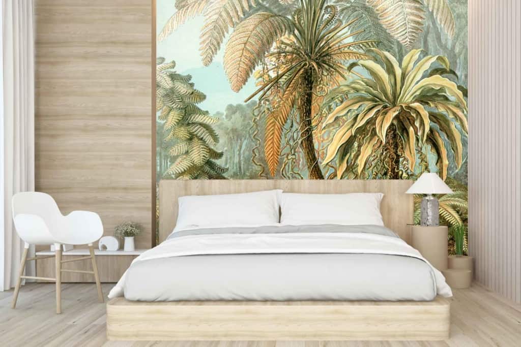 The wallpaper is a large, tropical-themed mural with lush green plants. Key elements include vibrant tropical foliage and abundant greenery. The colors found in the wallpaper are shades of green from the leaves and hints of other natural hues to enhance the lush theme.
