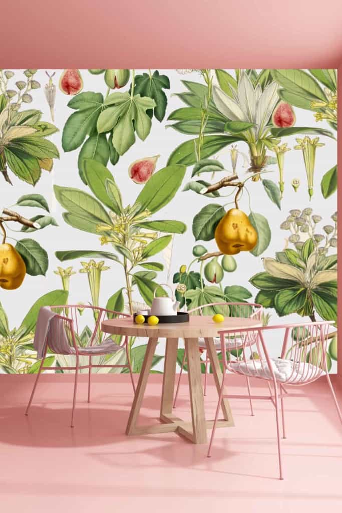 Vibrant botanical mural featuring illustrations of leaves, flowers, and fruits in green and yellow tones reminiscent of the Garden of Adam.