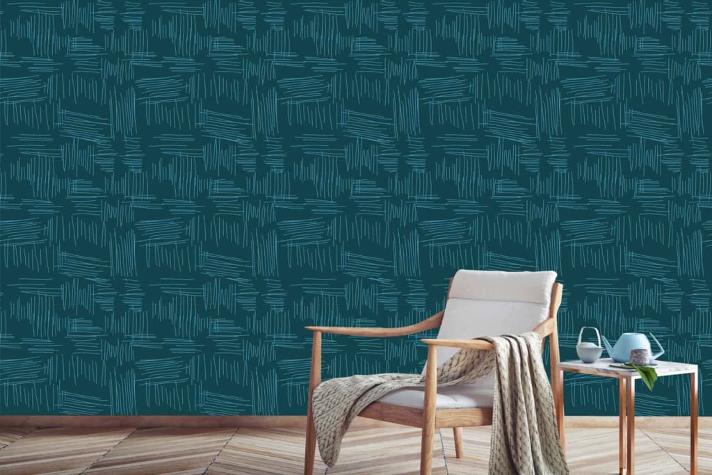 The dark teal wallpaper features an abstract line pattern in varying shades of teal and blue. It showcases intricate designs with flowing lines and geometric shapes that create a modern, stylish look. The rich hues and dynamic patterns add depth and elegance to the living room's decor.