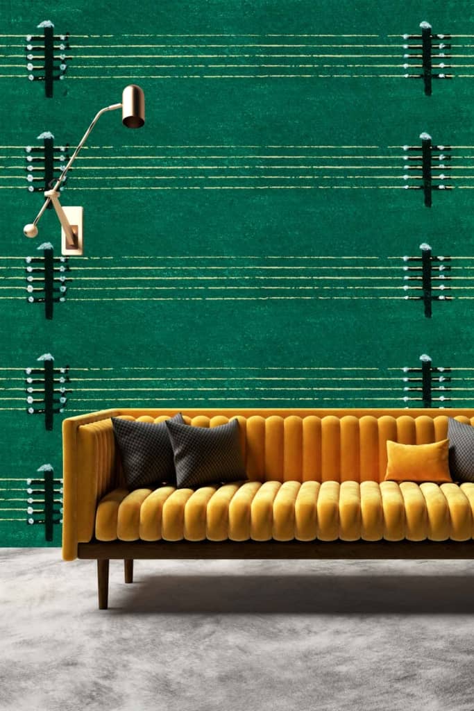 The wallpaper features a vibrant green color with horizontal lines and black geometric elements.