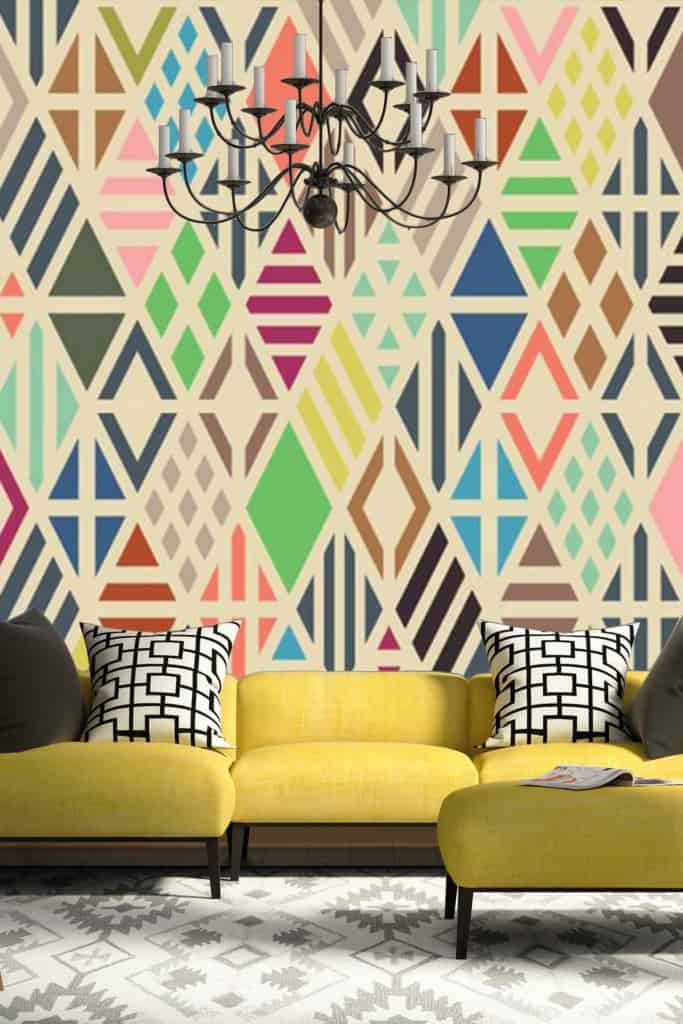 The wallpaper features a bold multicolored geometric pattern with vibrant hues like red, blue, yellow, green, and purple. The design includes sharp angles and intersecting shapes that evoke a futuristic Blade Runner-esque vibe.