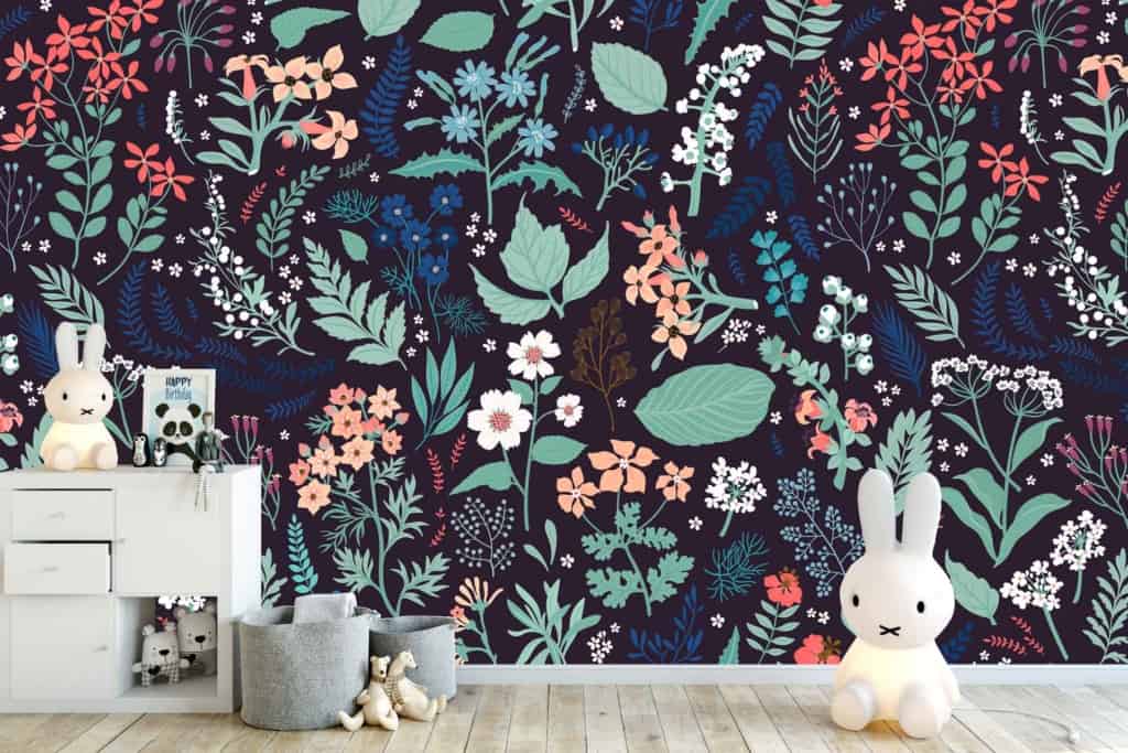 Dark floral wallpaper with colorful flowers and leaves.