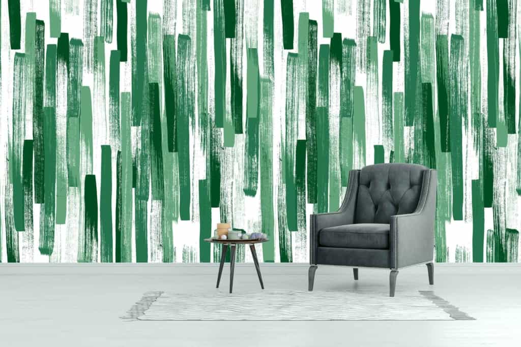 Abstract pattern wallpaper with bold green and white vertical brushstrokes using stylish contact paper.