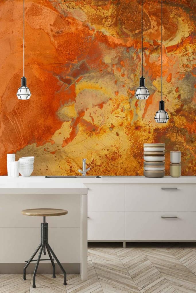 Abstract textured wallpaper with striking orange and yellow hues. The design features bold, dynamic patterns blending seamlessly for a vibrant, modern look.