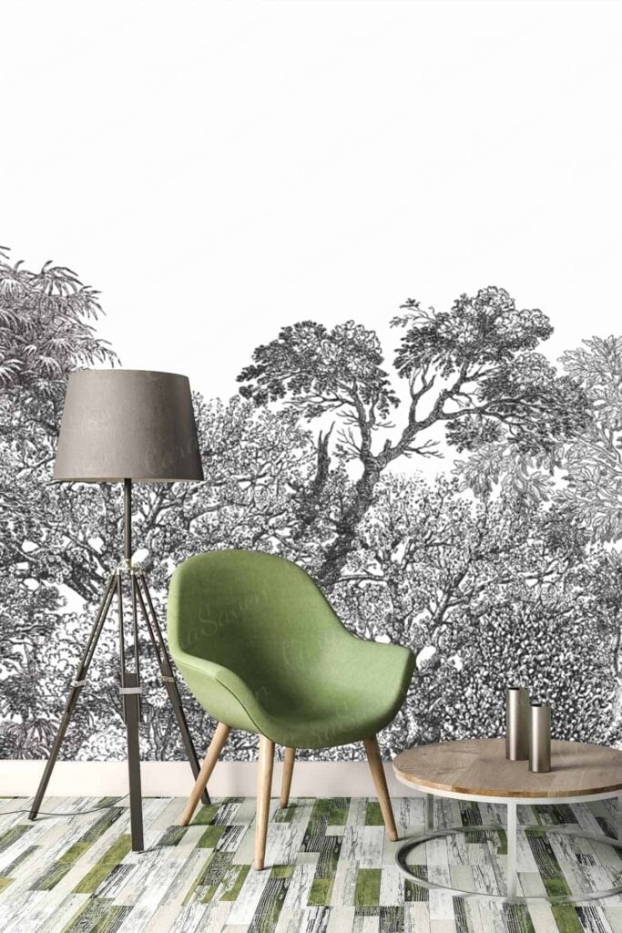 Black and white mural, dense leafy trees, serene ambiance, travel destination.