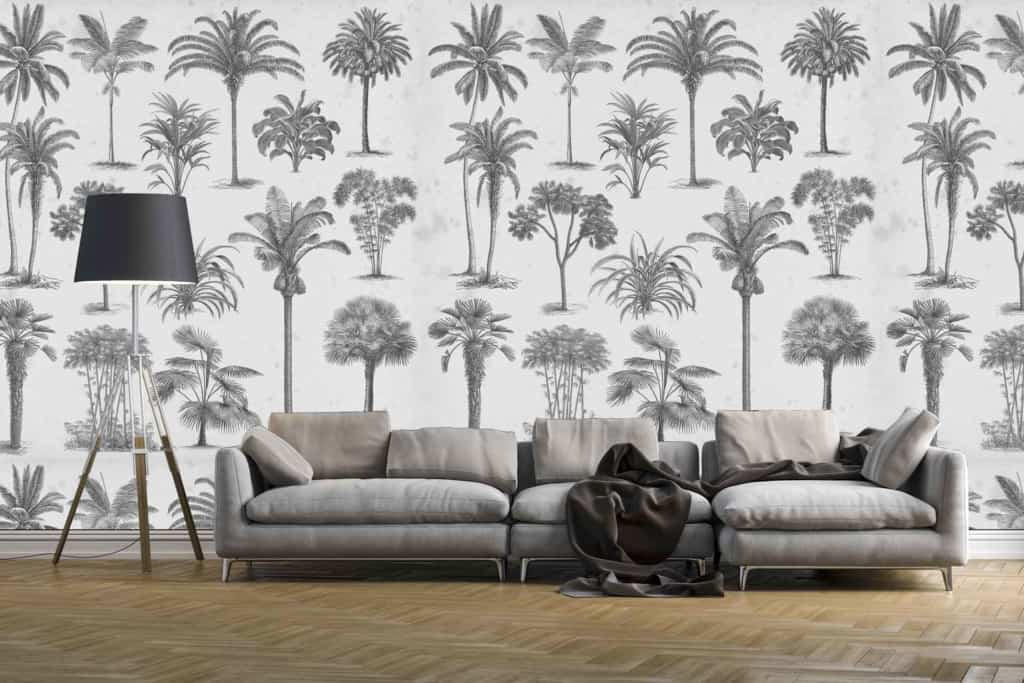Monochrome palms patterned wallpaper, featuring detailed palm leaves in shades of black and gray.