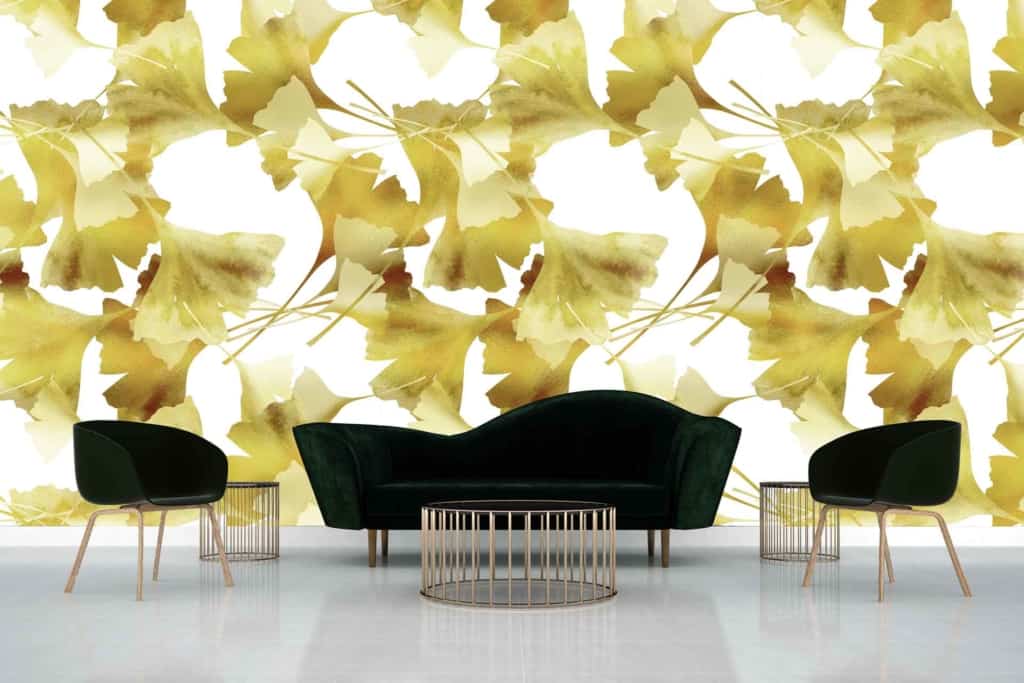Bold wallpaper with large yellow and green leaf patterns