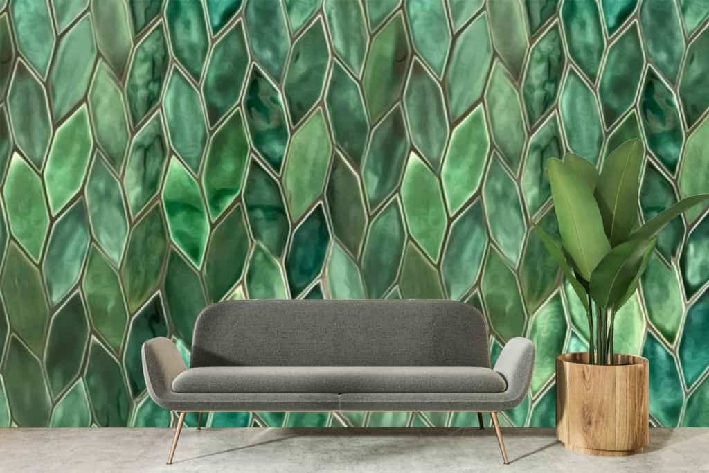 The wallpaper features vibrant, textured green, leaf-like tile patterns. Key elements include green hues and intricate leafy designs.