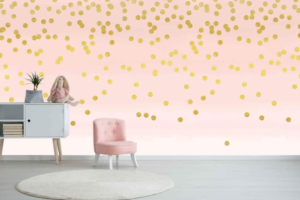 Wallpaper features: scattered gold polka dots, pink background, resembles raindrops.