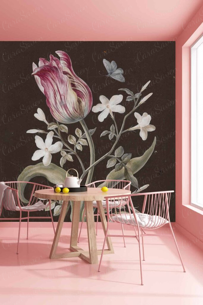 Floral mural with pink and white tulip, white flowers on a dark background.