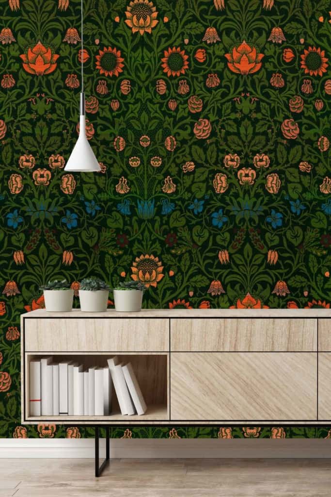 Vibrant, floral-patterned wallpaper featuring shades of green, orange, and blue.