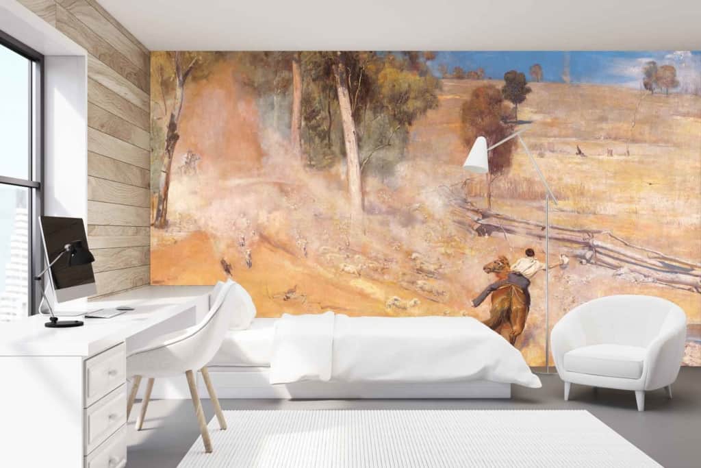Large wall mural; rural landscape; trees; hills; horseback rider; herding cattle; green, brown, and blue tones.