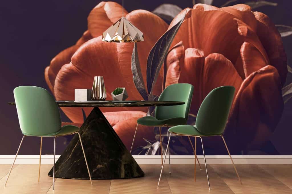 Large mural featuring vibrant orange flowers against a dark background. The wallpaper is reminiscent of Lorena's signature style, combining rich floral details with deep, dramatic hues. Key elements include bold orange petals, contrasting dark backdrop, intricate flower designs.