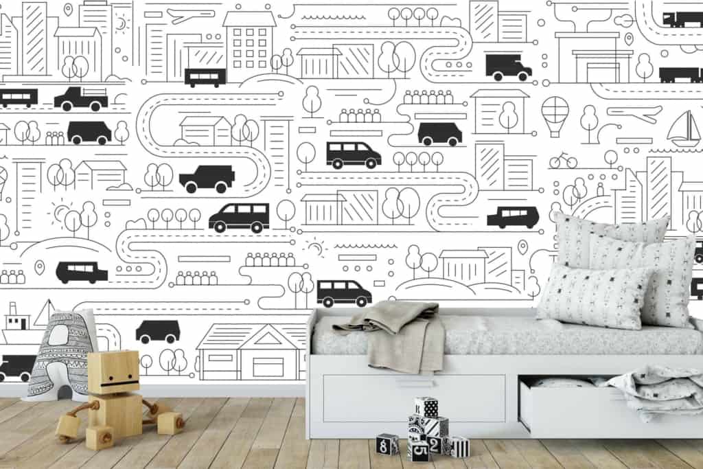 The children's bedroom wallpaper is monochrome with a playful pattern that includes roads, vehicles, and buildings.