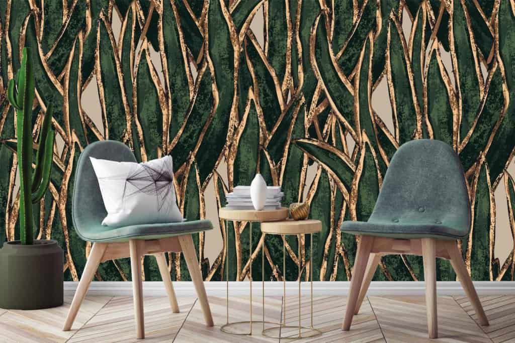 Bold, leafy wallpaper with shades of green and gold. The design features intricate leaf patterns, blending deep emerald, forest green, and subtle highlights of golden hues. Perfect for a sophisticated yet vibrant look your mother-in-law would adore.