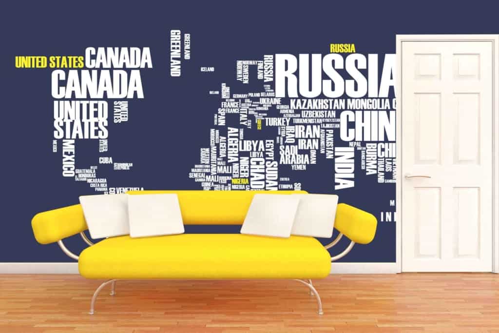 Dark blue wallpaper adorned with various country names in different sizes and fonts.