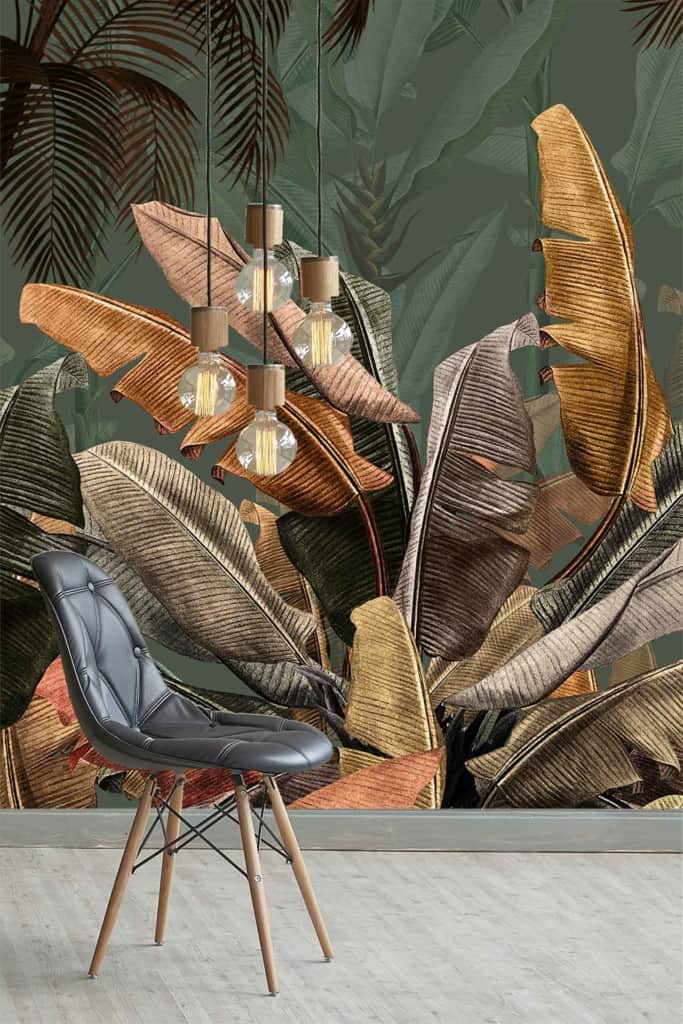 Neverland-inspired tropical-themed wallpaper, large multicolored palm leaves, earthy tones